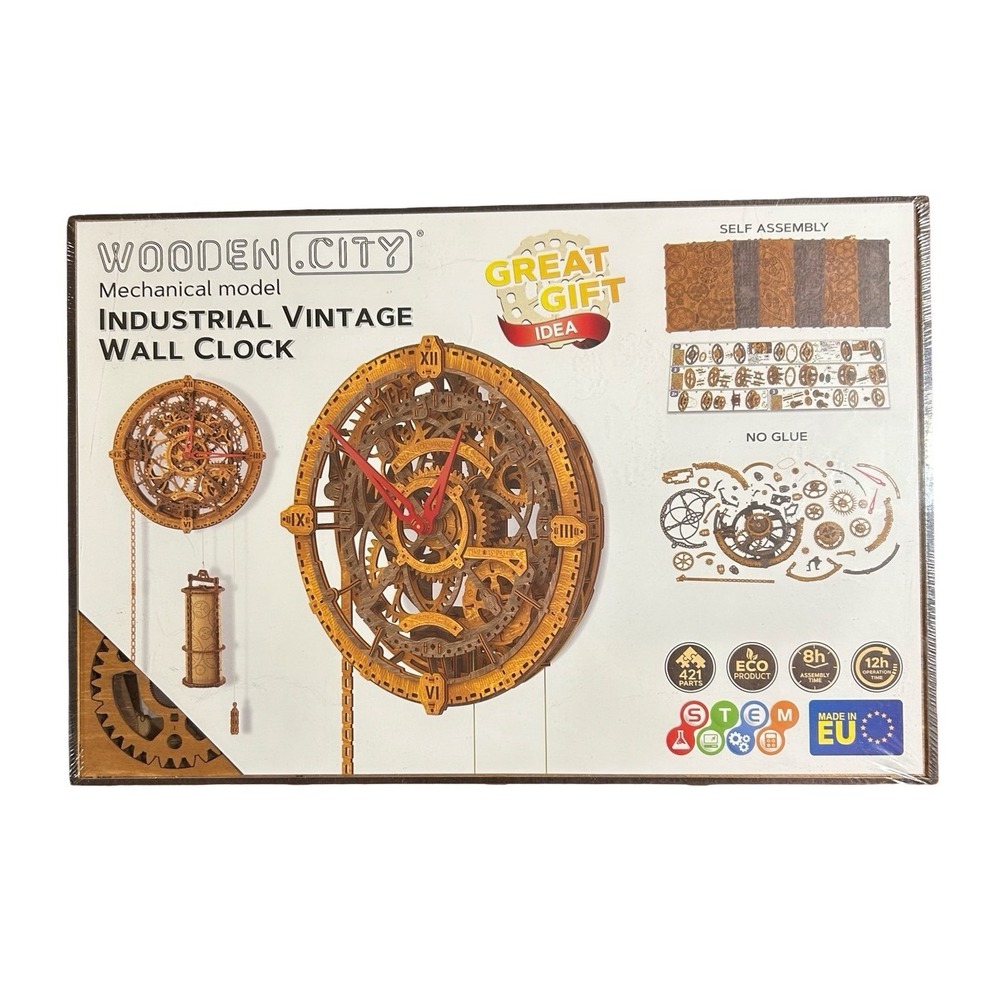 Wooden City Industrial Vintage Wall Clock Mechanical Model 3D Wooden Puzzle Kit